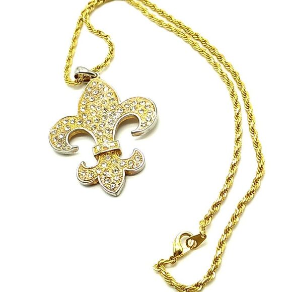 Pave Crystal Fleur de lis Gold-tone & Silver-tone Pendant Rope Chain Necklace - Picture 9 of 11